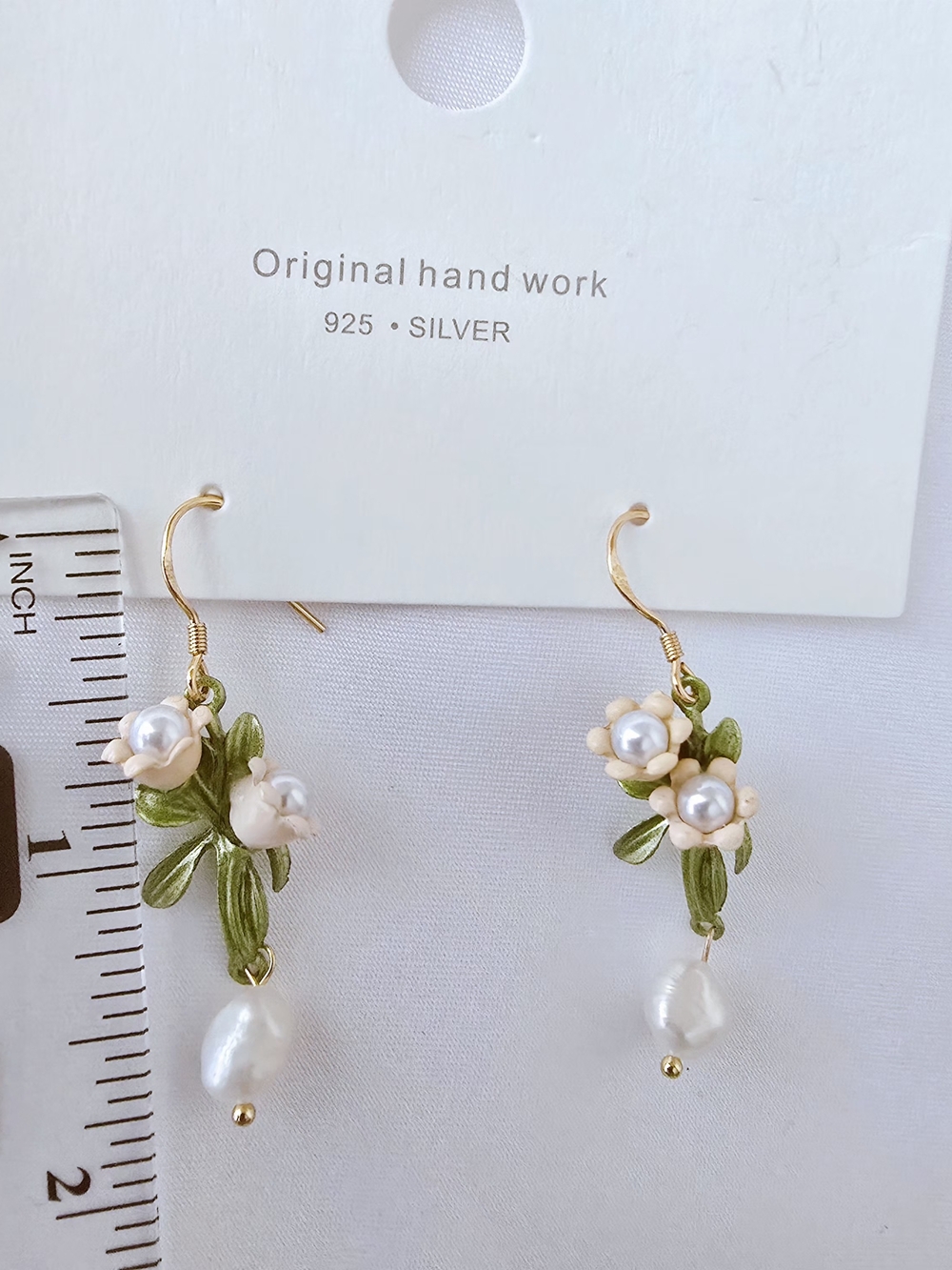 925 Silver Dangle, Delicate Pearl & Green Leaf Floral Drop Earrings - Cream - Picture 5 of 5